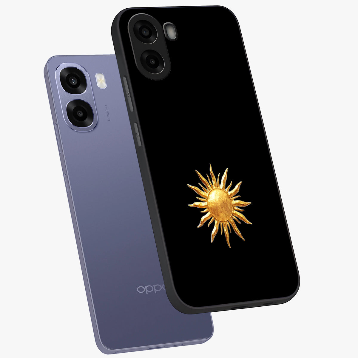 Golden Sun Minimalism Glass Case displayed in angled mockup highlighting eerie shadow illustration with gothic aesthetic.