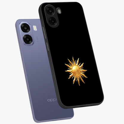 Golden Sun Minimalism Glass Case displayed in angled mockup highlighting eerie shadow illustration with gothic aesthetic.