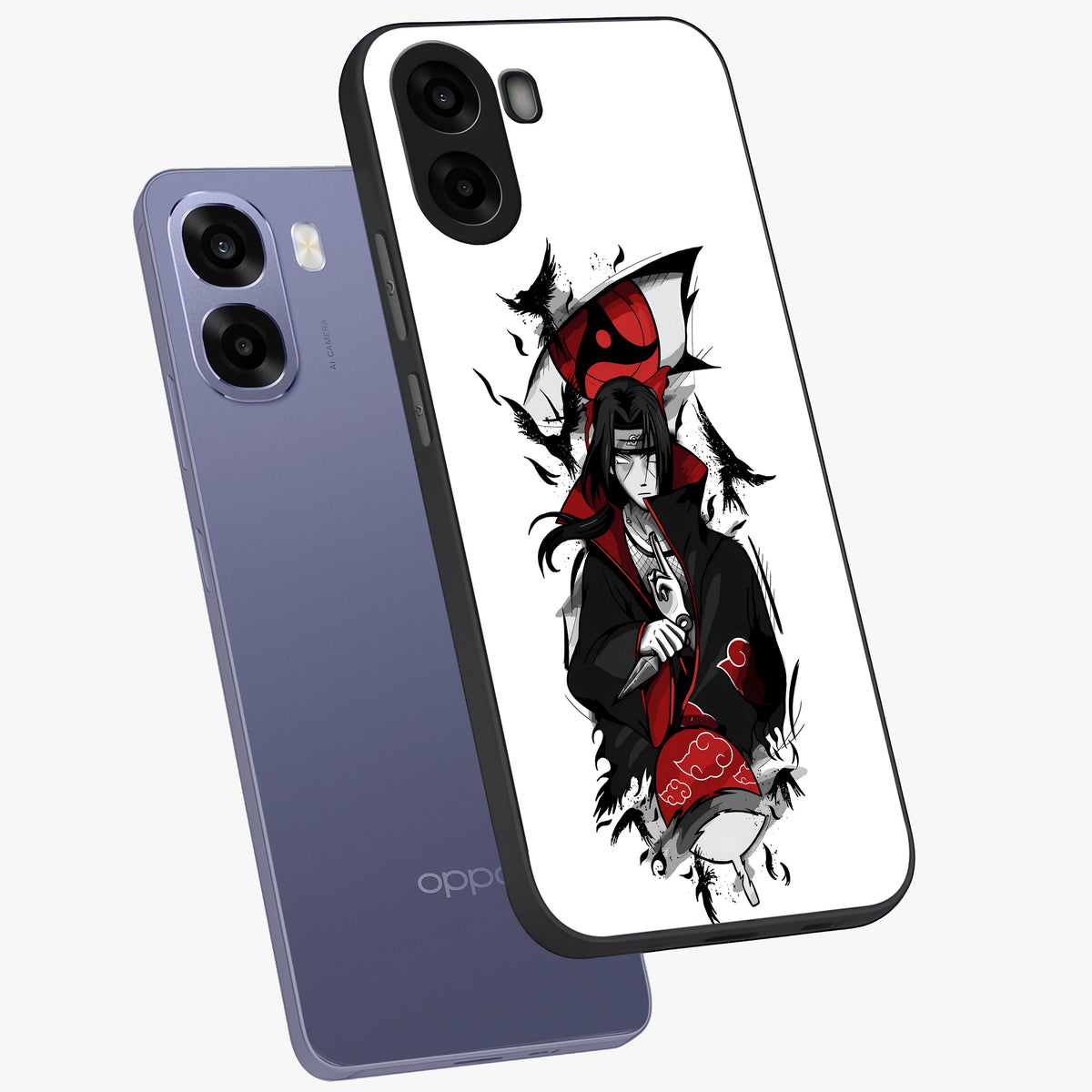 Itachi Limited Edition Naruto Anime Glass Case displayed in angled mockup highlighting dramatic anime illustration with bold action aesthetic.