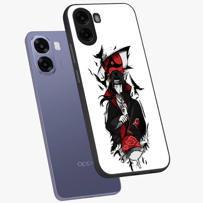 Itachi Limited Edition Naruto Anime Glass Case displayed in angled mockup highlighting dramatic anime illustration with bold action aesthetic.