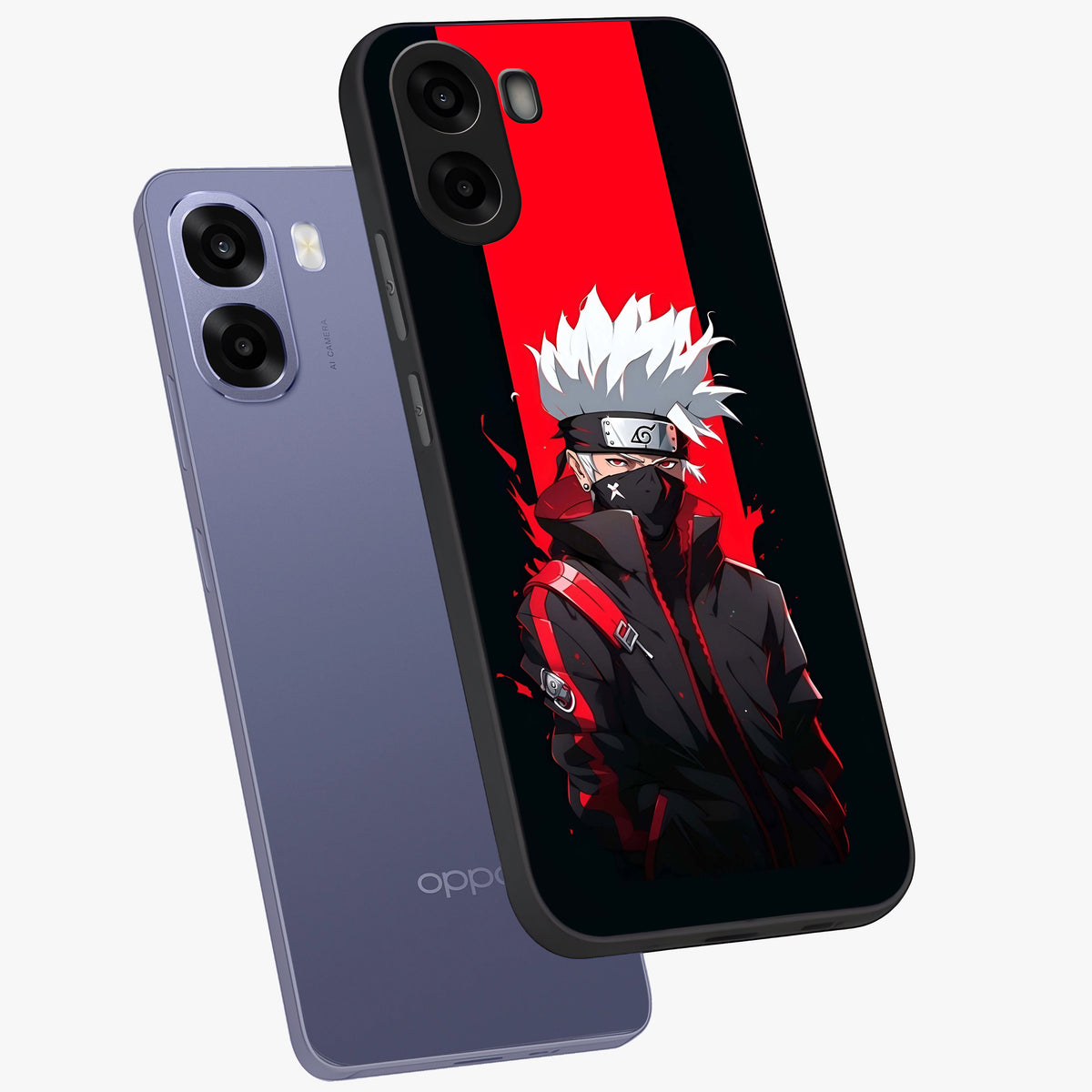 Kakashi Scarlet Shadow Glass Case displayed in angled mockup highlighting dramatic ninja illustration with scarlet themed aesthetic.