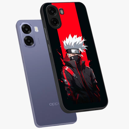 Kakashi Scarlet Shadow Glass Case displayed in angled mockup highlighting dramatic ninja illustration with scarlet themed aesthetic.