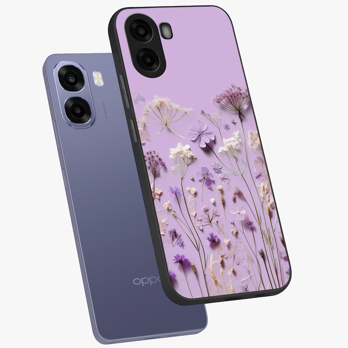 Lavender Blossom Dream Glass Case displayed in angled mockup highlighting dreamy lavender flower design with calming aesthetic style.