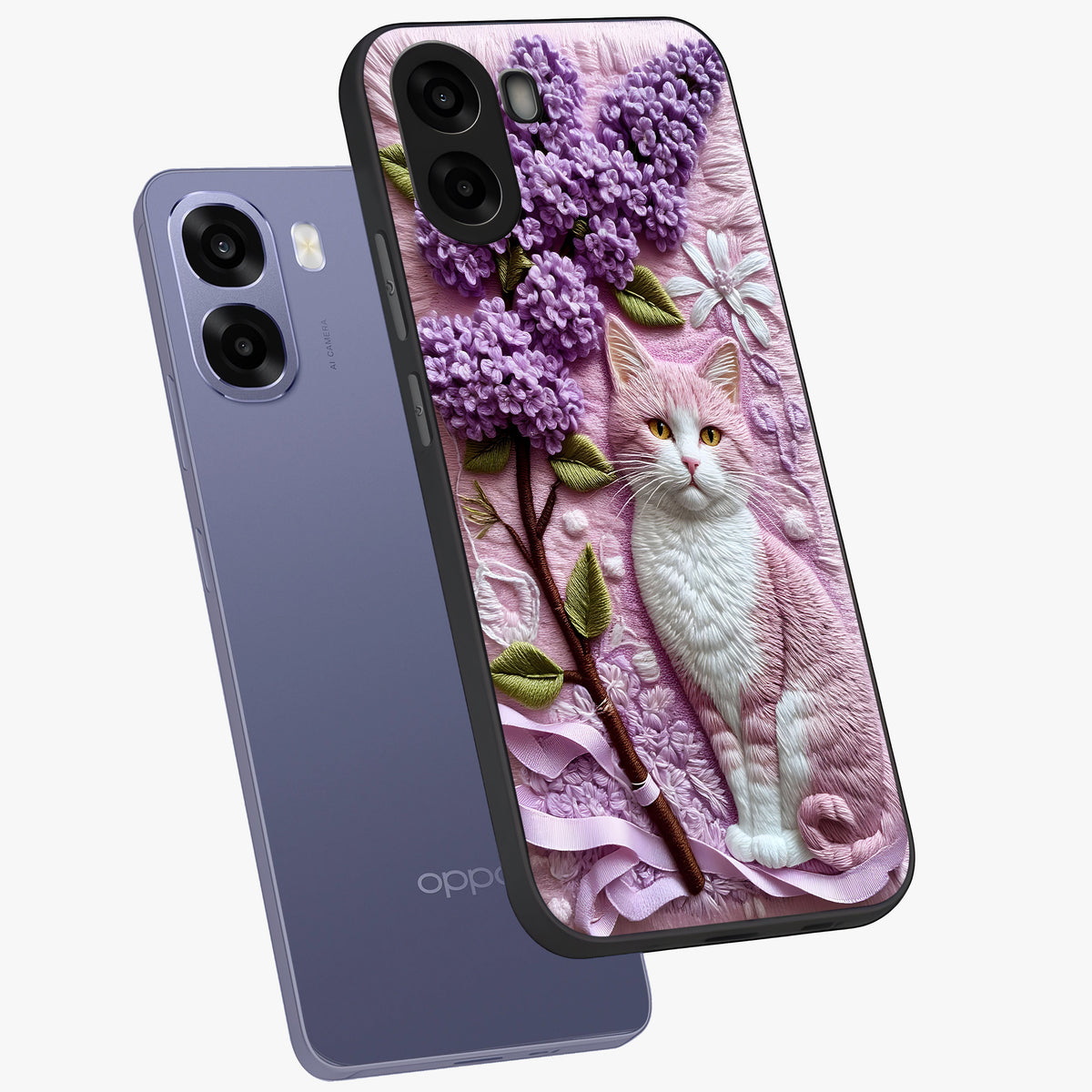 Lavender Cat Whimsy Glass Case displayed in angled mockup highlighting playful feline illustration with pastel lavender aesthetic.