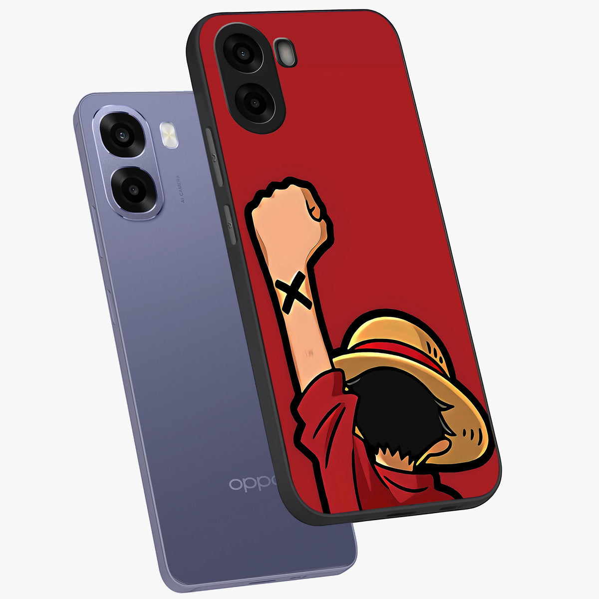Luffy X Spirit Glass Case displayed in angled mockup highlighting powerful anime design with energetic action aesthetic.
