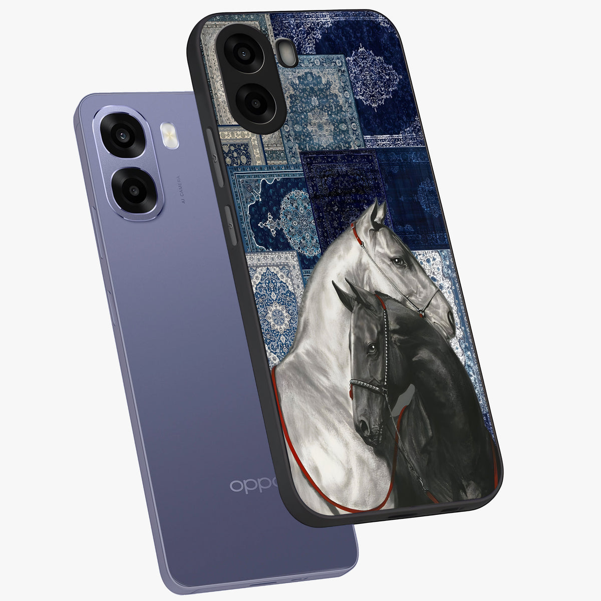 Midnight Stallion Blues Glass Case displayed in angled mockup highlighting powerful stallion illustration with deep midnight tones.