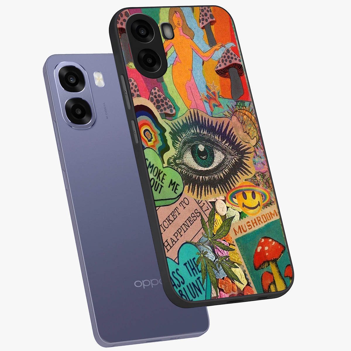 Mystic Eye Wonderland Glass Case displayed in angled mockup highlighting magical eye illustration with dreamy aesthetic.