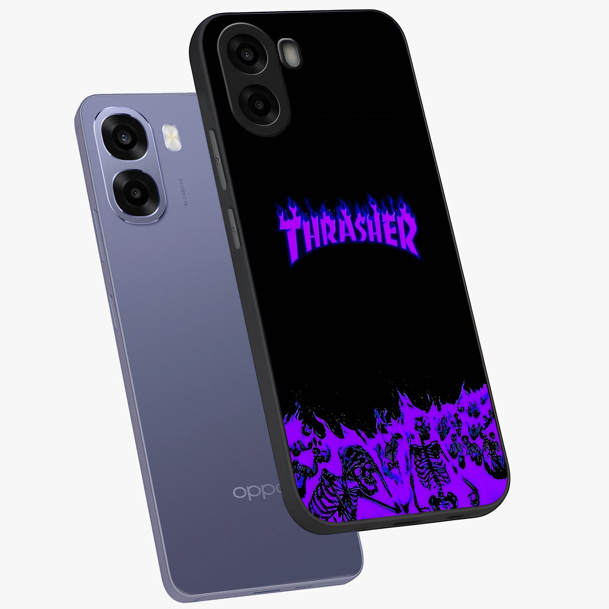 Neon Flame Riot Glass Case displayed in angled mockup highlighting glowing flame design with vibrant neon aesthetic.