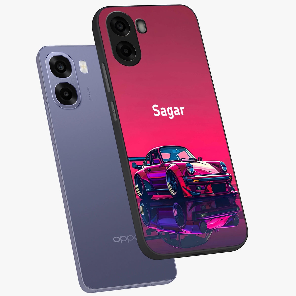 Neon Pink Porsche Glass Case displayed in angled mockup highlighting sleek neon pink car design with racing aesthetic.