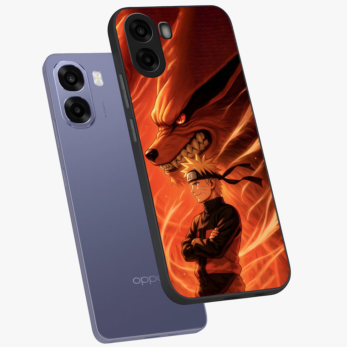 Nine Tails Legacy Glass Case displayed in angled mockup highlighting dynamic anime beast illustration with bold mystical aesthetic.