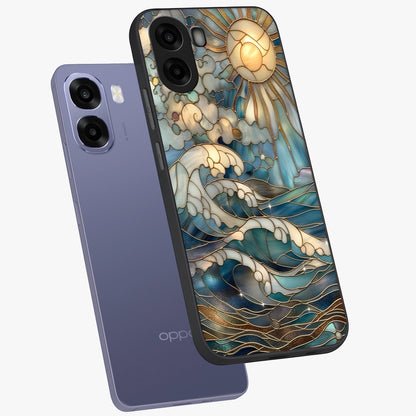 Oceanic Stained Printed Glass Case displayed in angled mockup highlighting colorful aquatic design with artistic aesthetic style.