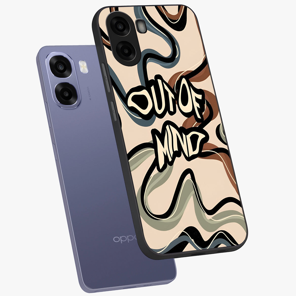 Out Of Mind Glass Case displayed in angled mockup highlighting bold statement design with modern artistic aesthetic.