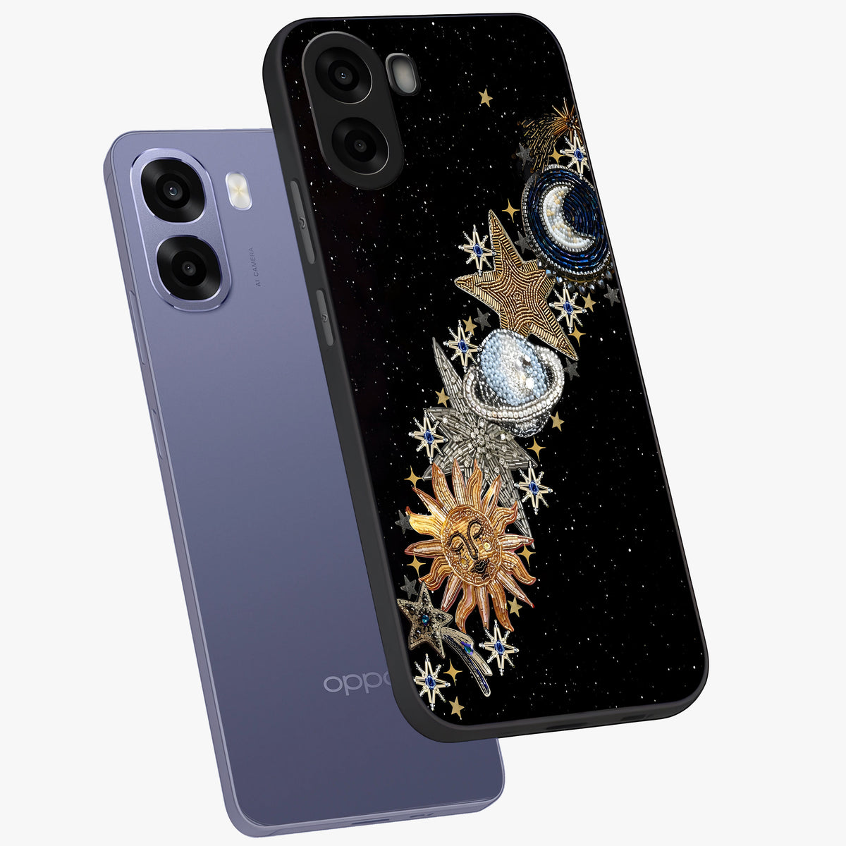 Pearls Universe Object Glass Case displayed in angled mockup highlighting celestial pearl design with dreamy aesthetic.