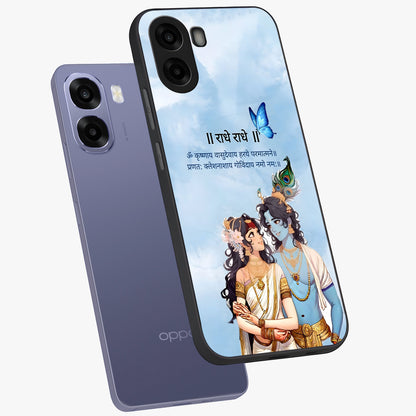 Radha Krishna Eternal Glass Case displayed in angled mockup highlighting divine Radha Krishna illustration with spiritual aesthetic.