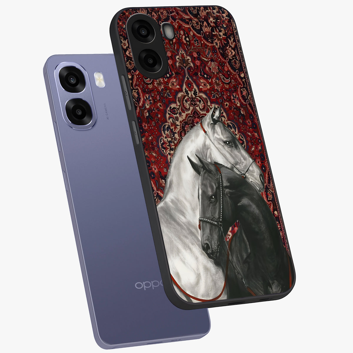 Regal Stallion Tapestry Glass Case displayed in angled mockup highlighting royal stallion design with decorative heritage aesthetic.