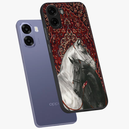 Regal Stallion Tapestry Glass Case displayed in angled mockup highlighting royal stallion design with decorative heritage aesthetic.