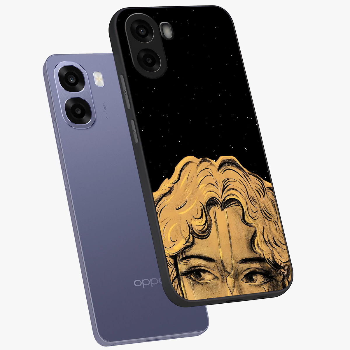 Shri Krishna Art Glass Case displayed in angled mockup highlighting spiritual Krishna illustration with divine aesthetic.