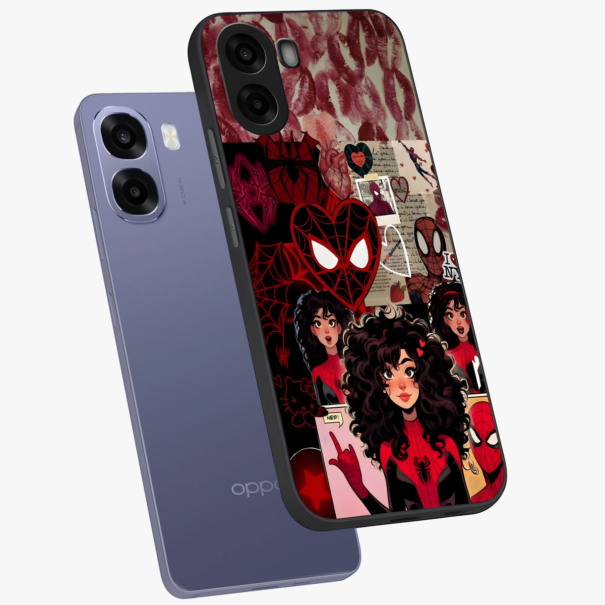 Spider Love Story Glass Case displayed in angled mockup highlighting expressive comic inspired design with playful aesthetic.