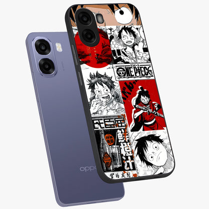 Strawhat Chaos Panels Glass Case displayed in angled mockup highlighting vibrant anime collage design with action aesthetic.