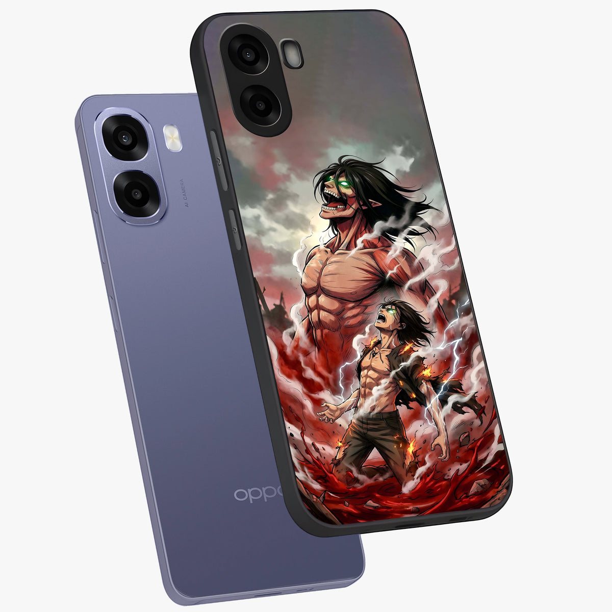 Titan Awakening Fury Glass Case displayed in angled mockup highlighting dramatic giant warrior design with bold anime aesthetic.