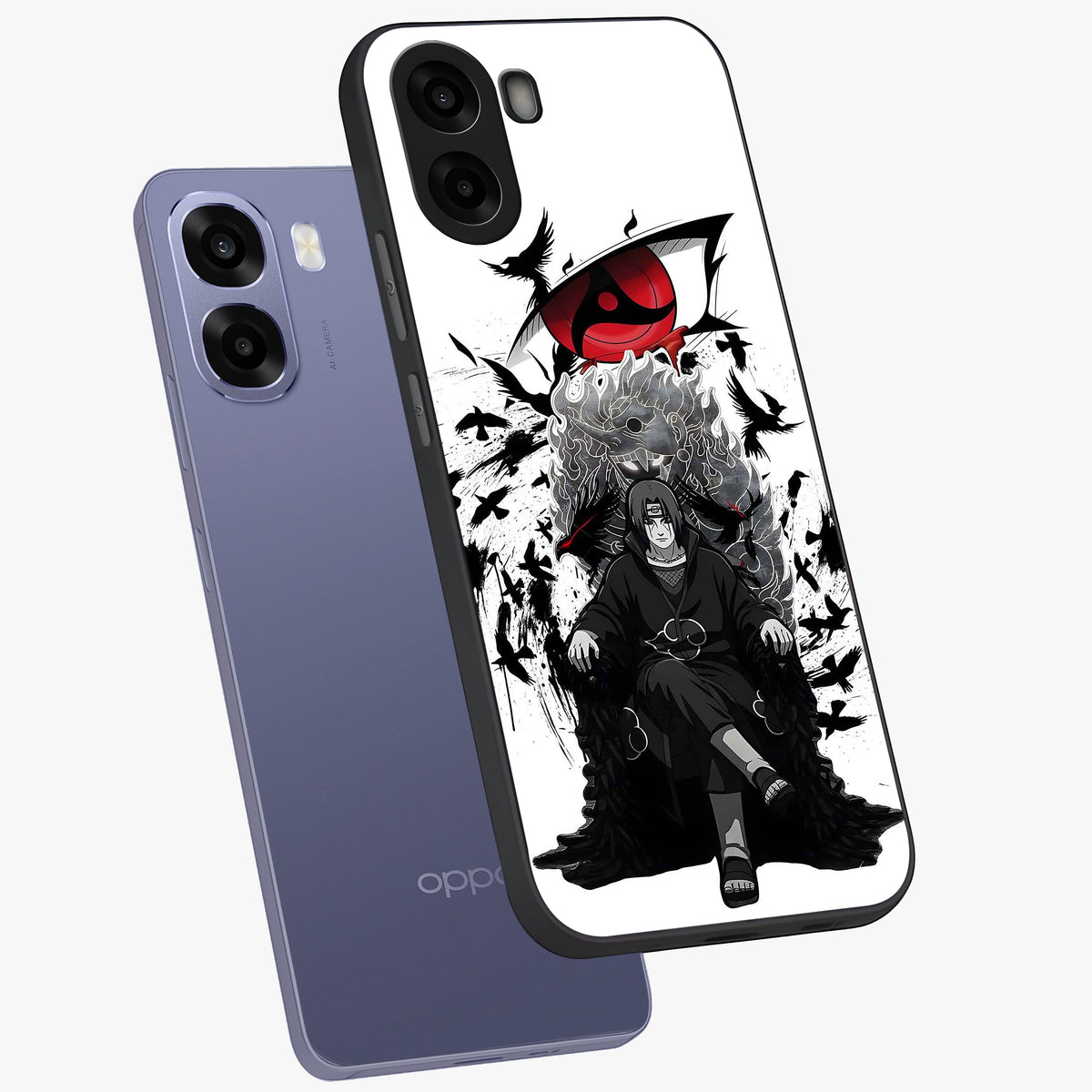 Uchiha Shadow Throne Glass Case displayed in angled mockup highlighting glowing aquatic design with celestial aesthetic.