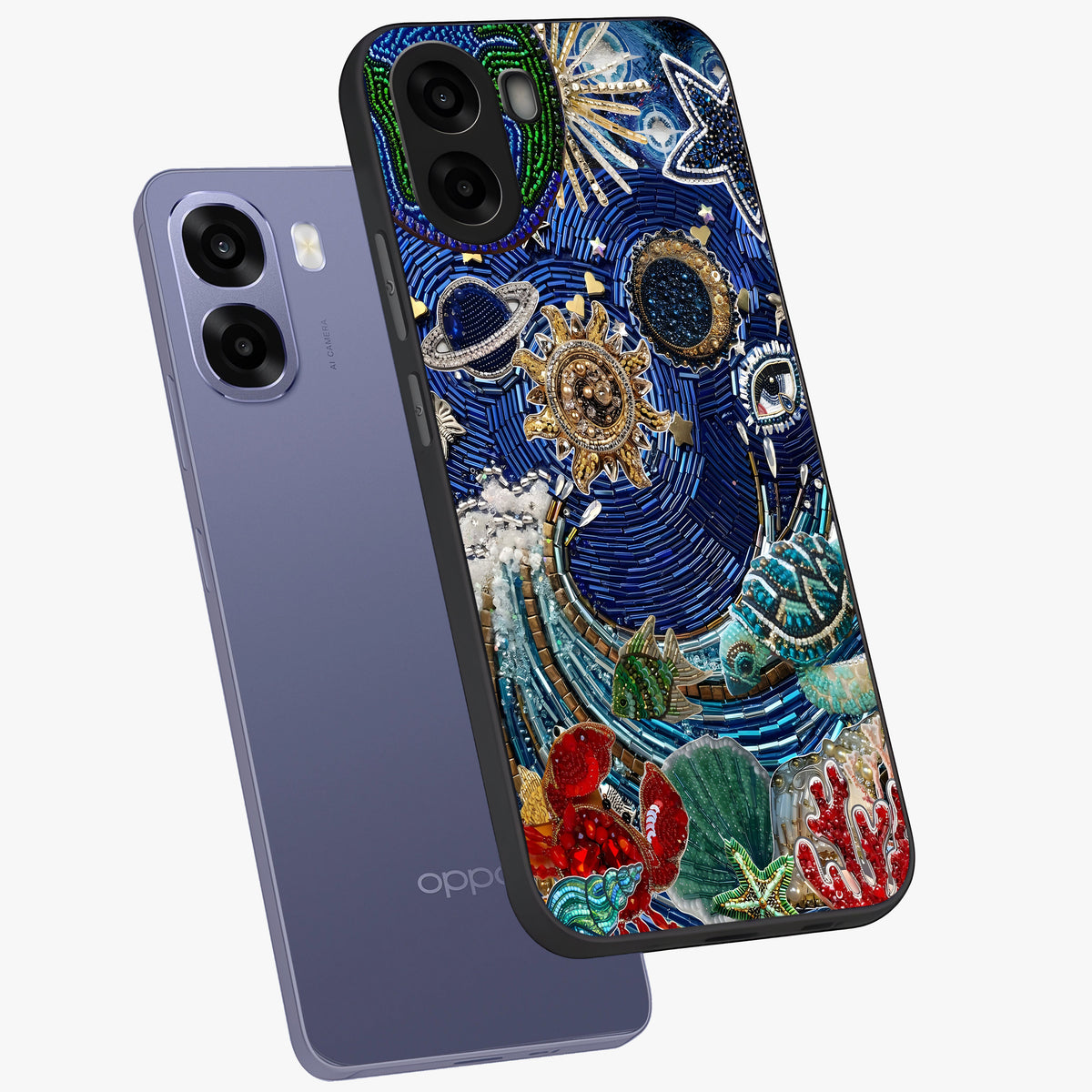 Universe Underwater Spark Glass Case displayed in angled mockup highlighting glowing aquatic design with celestial aesthetic.