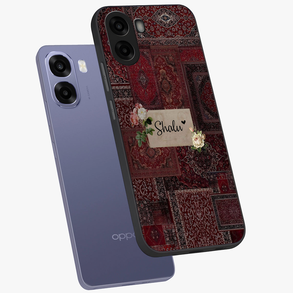 Velvet Wine Pattern Custom Name Glass Case displayed in angled mockup highlighting decorative velvet inspired design with custom name feature.