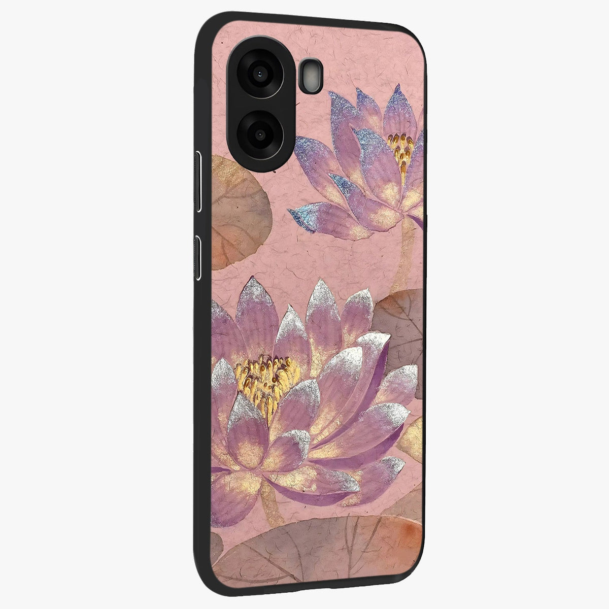Blossom Mist Lotus Glass Case upright view showcasing graceful lotus flower design with peaceful botanical style.