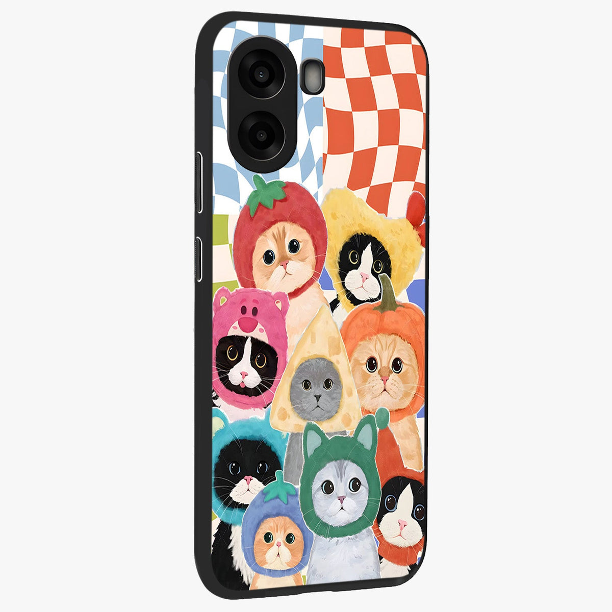 Cats in Fruits Glass Case upright view showcasing charming cat artwork with fun fruity theme.