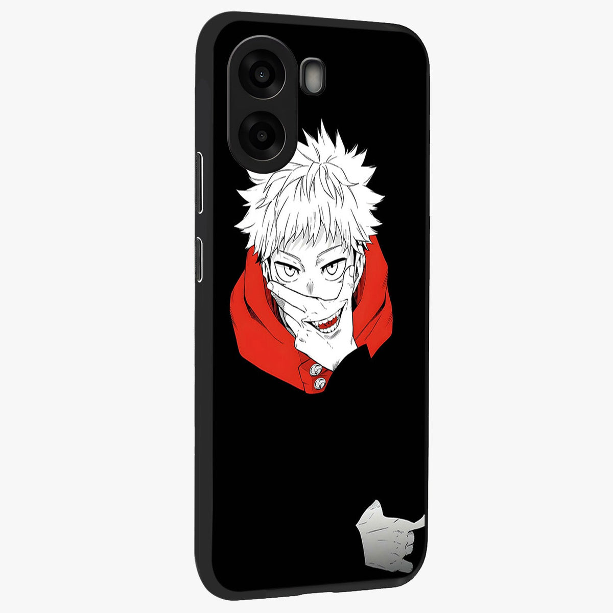 Crimson Chaos Smile Glass Case upright view showcasing expressive chaotic artwork with striking visual theme.