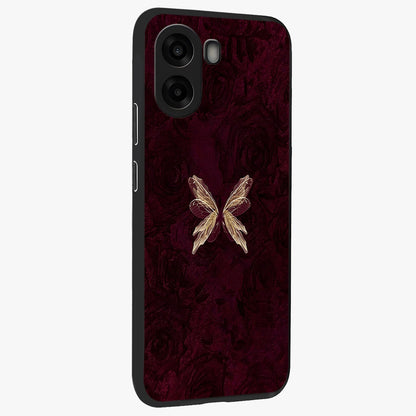 Crimson Fade Butterfly Glass Case upright view showcasing graceful butterfly artwork with soft crimson fade effect.