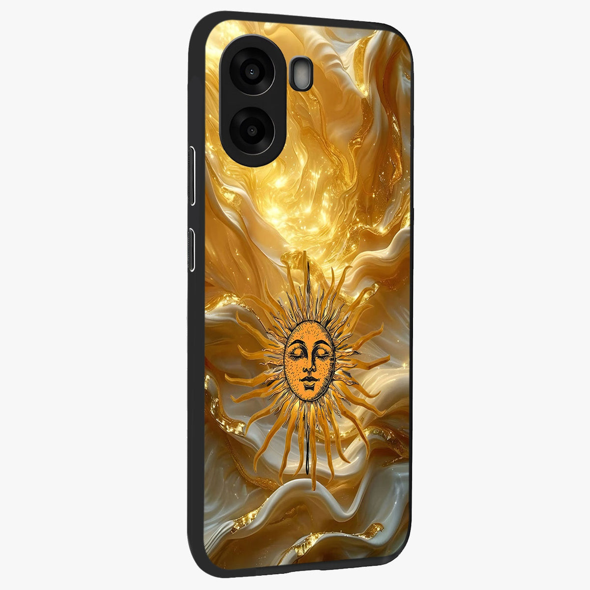 Eternal Golden Glow Glass Case upright view showcasing luminous golden artwork with luxurious visual theme.