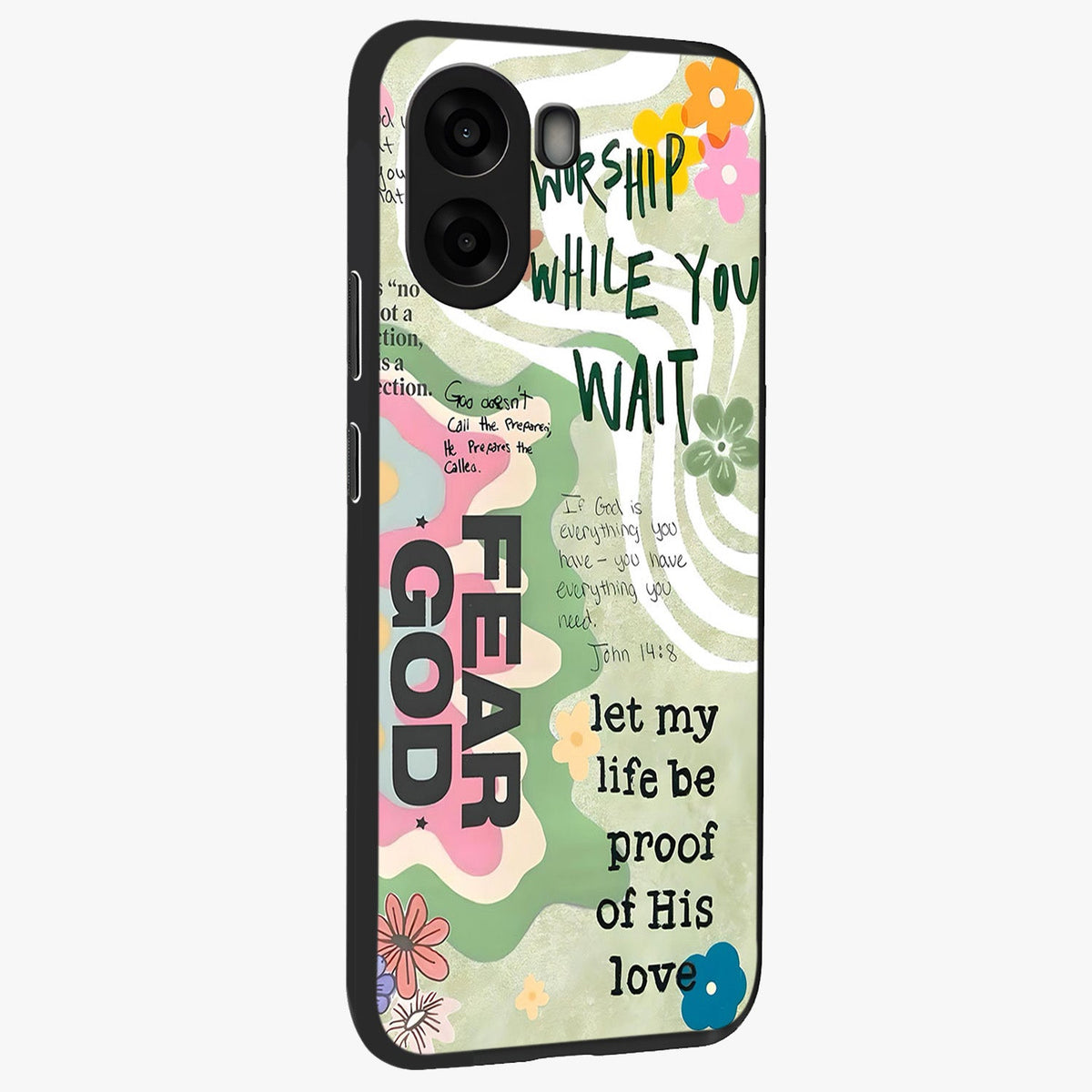 Faith Over Fear Glass Case upright view showcasing bold typography artwork with uplifting motivational theme.