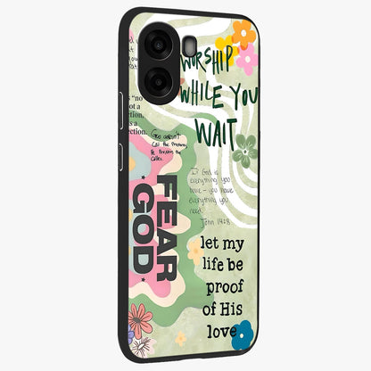 Faith Over Fear Glass Case upright view showcasing bold typography artwork with uplifting motivational theme.