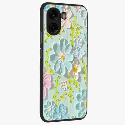 Frosted Petal Garden Glass Case upright view showcasing elegant floral garden artwork with soothing pastel theme.