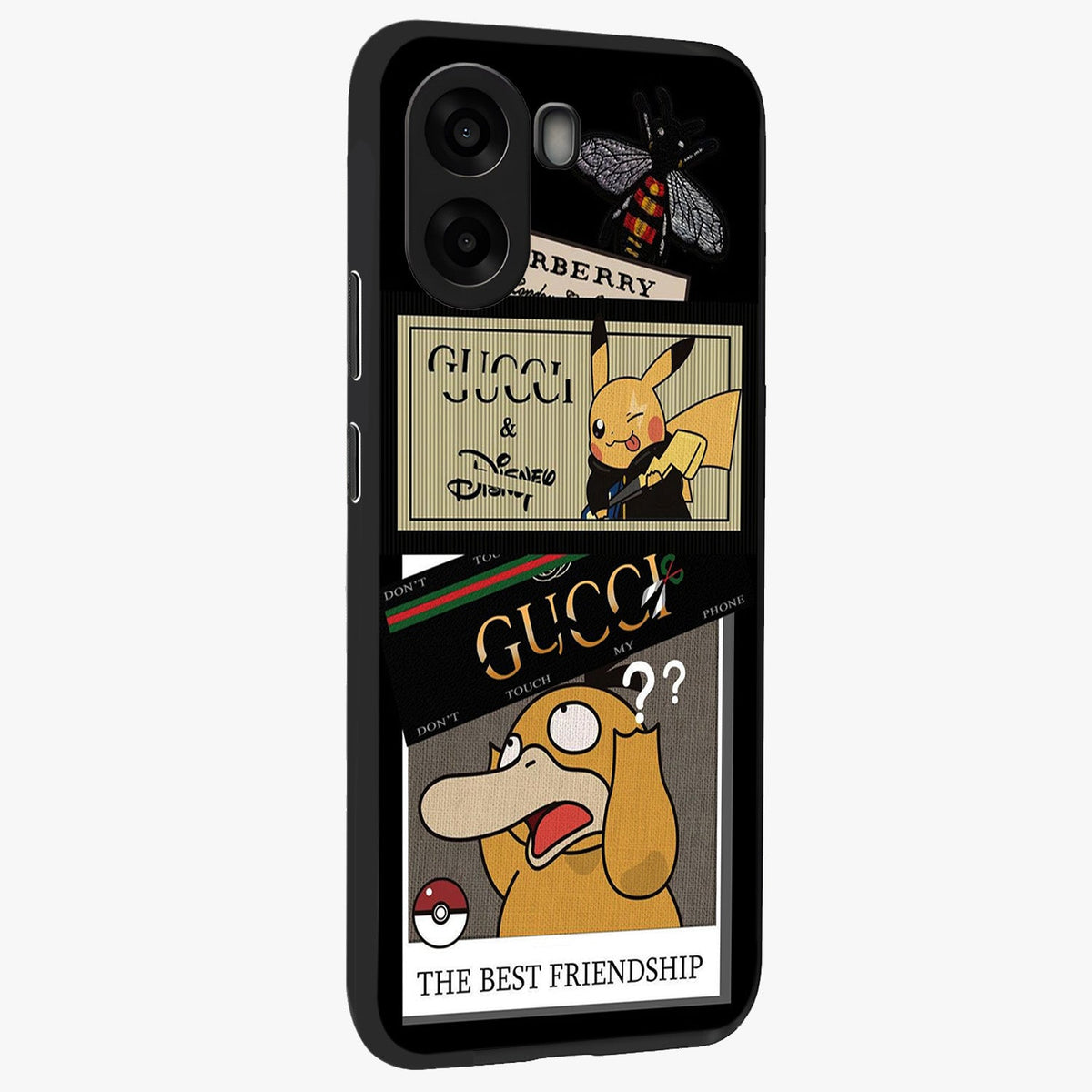 Gucci Play Mashup Glass Case upright view showcasing trendy luxury inspired artwork with modern fashion theme.