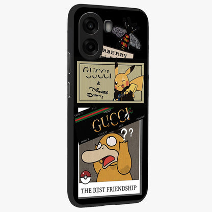 Gucci Play Mashup Glass Case upright view showcasing trendy luxury inspired artwork with modern fashion theme.
