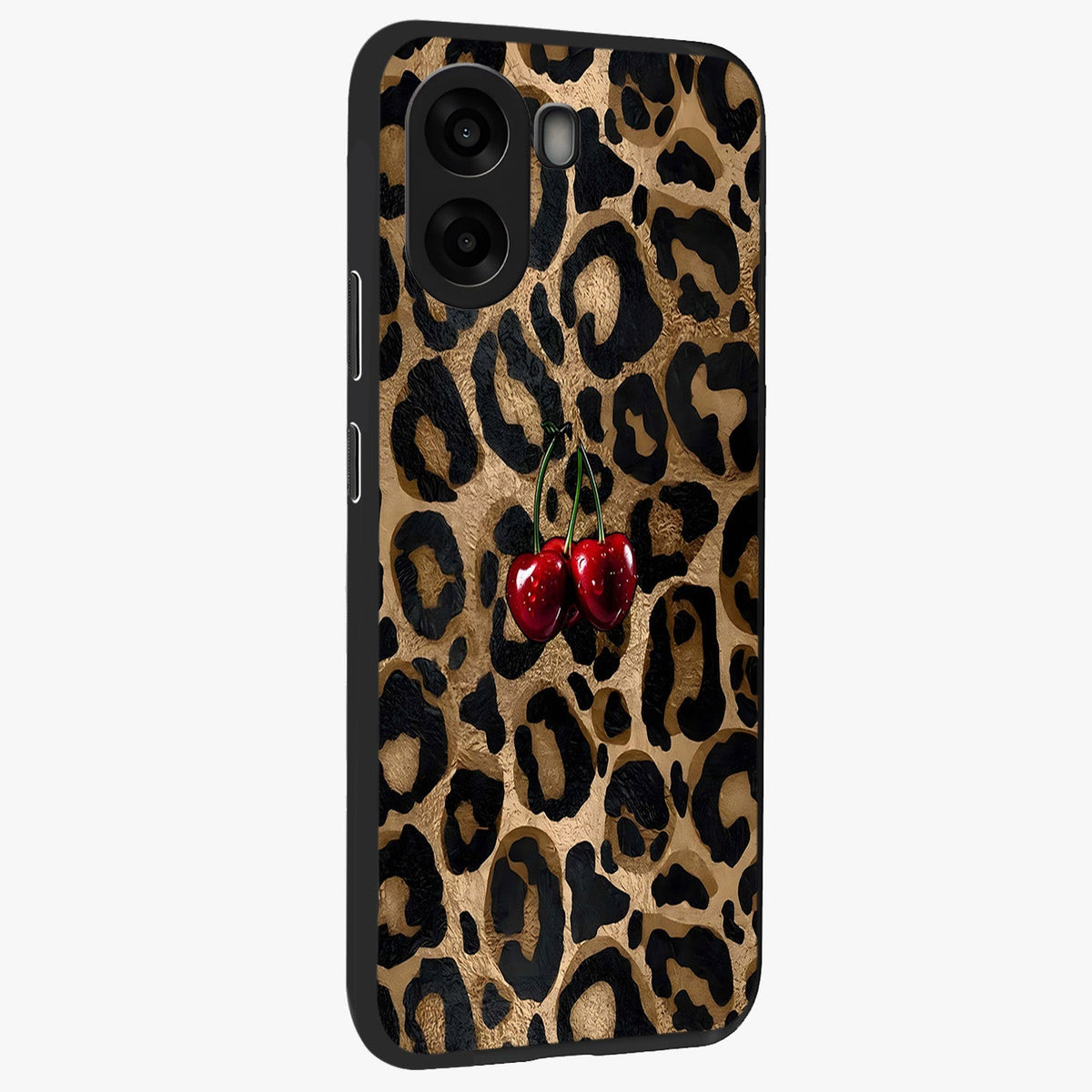 Leopard Wild Cherry Glass Case upright view showcasing stylish leopard pattern artwork with trendy fashion theme.