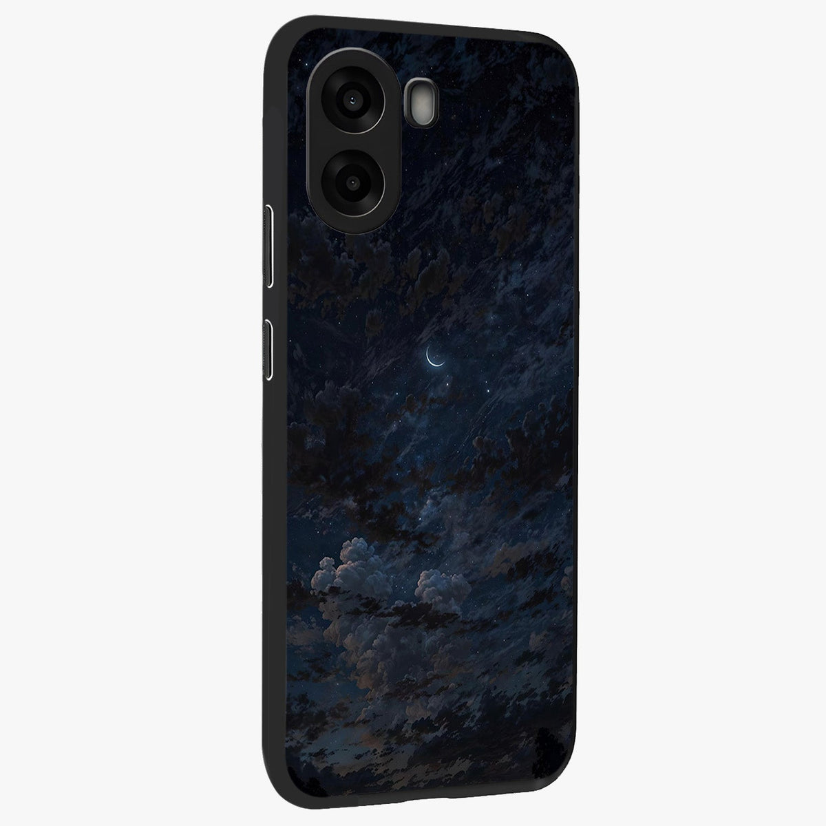 Lunar Veil Silence Glass Case upright view showcasing calm moon themed artwork with serene night atmosphere.