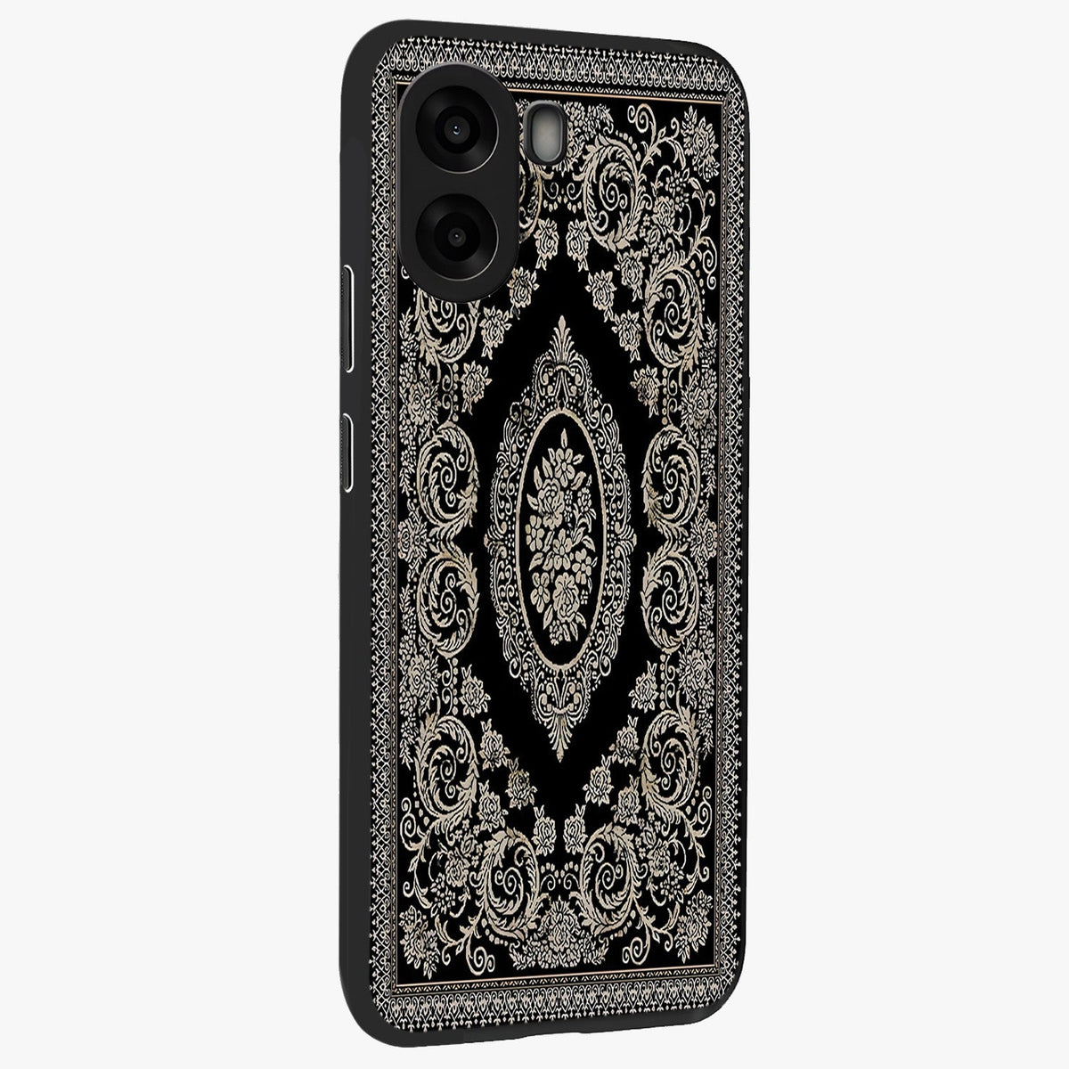 Noir Bloom Elegance Glass Case upright view showcasing graceful floral artwork with luxurious dark theme.