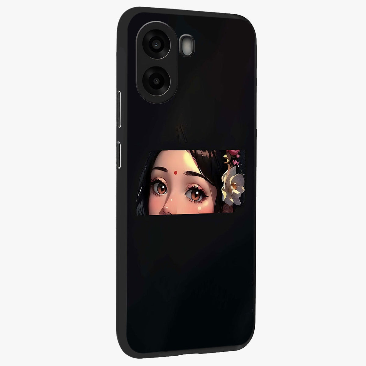 Radha Divine Embrace Glass Case upright view showcasing sacred Radha themed artwork with peaceful devotional style.