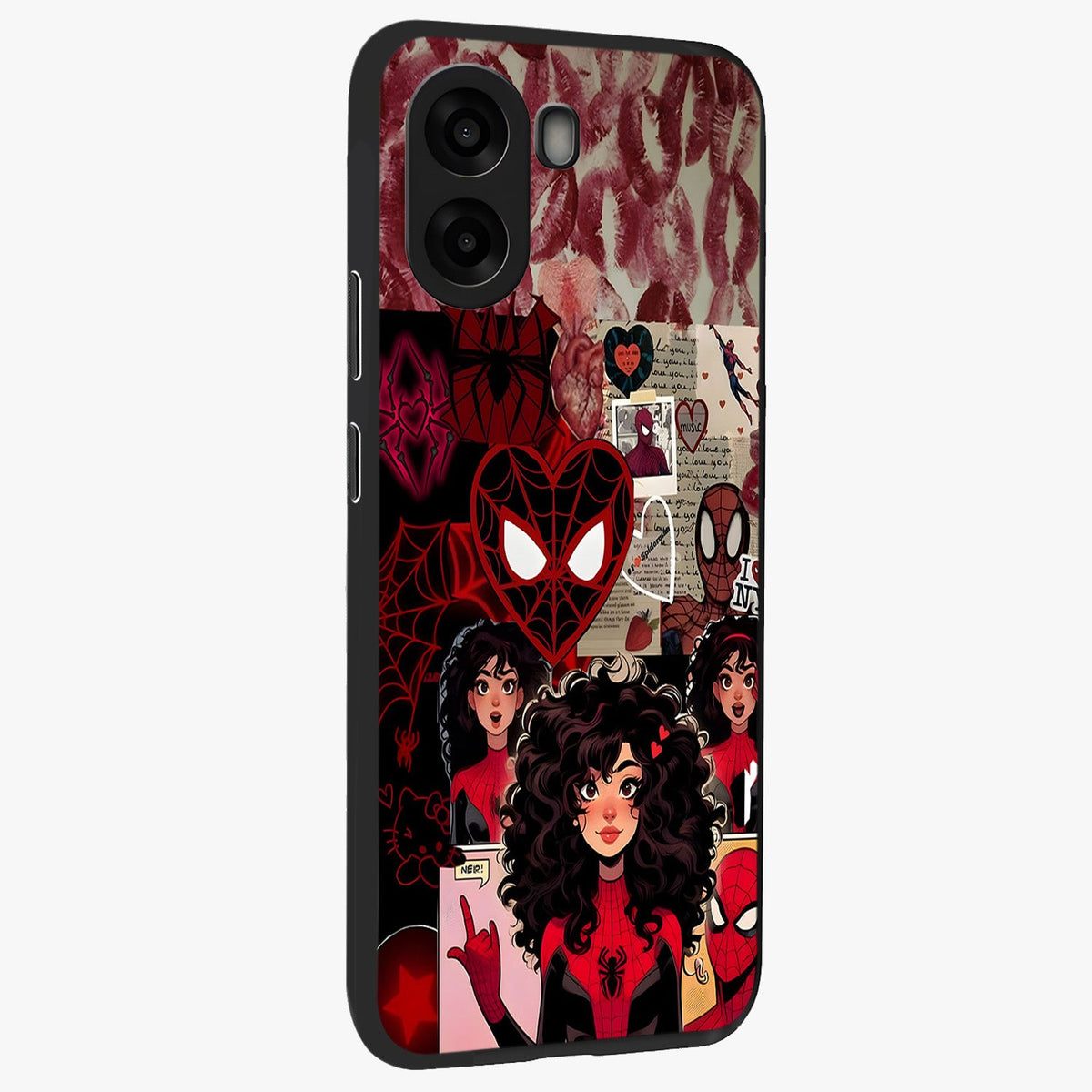 Spider Love Story Glass Case upright view showcasing charming superhero artwork with romantic comic theme.