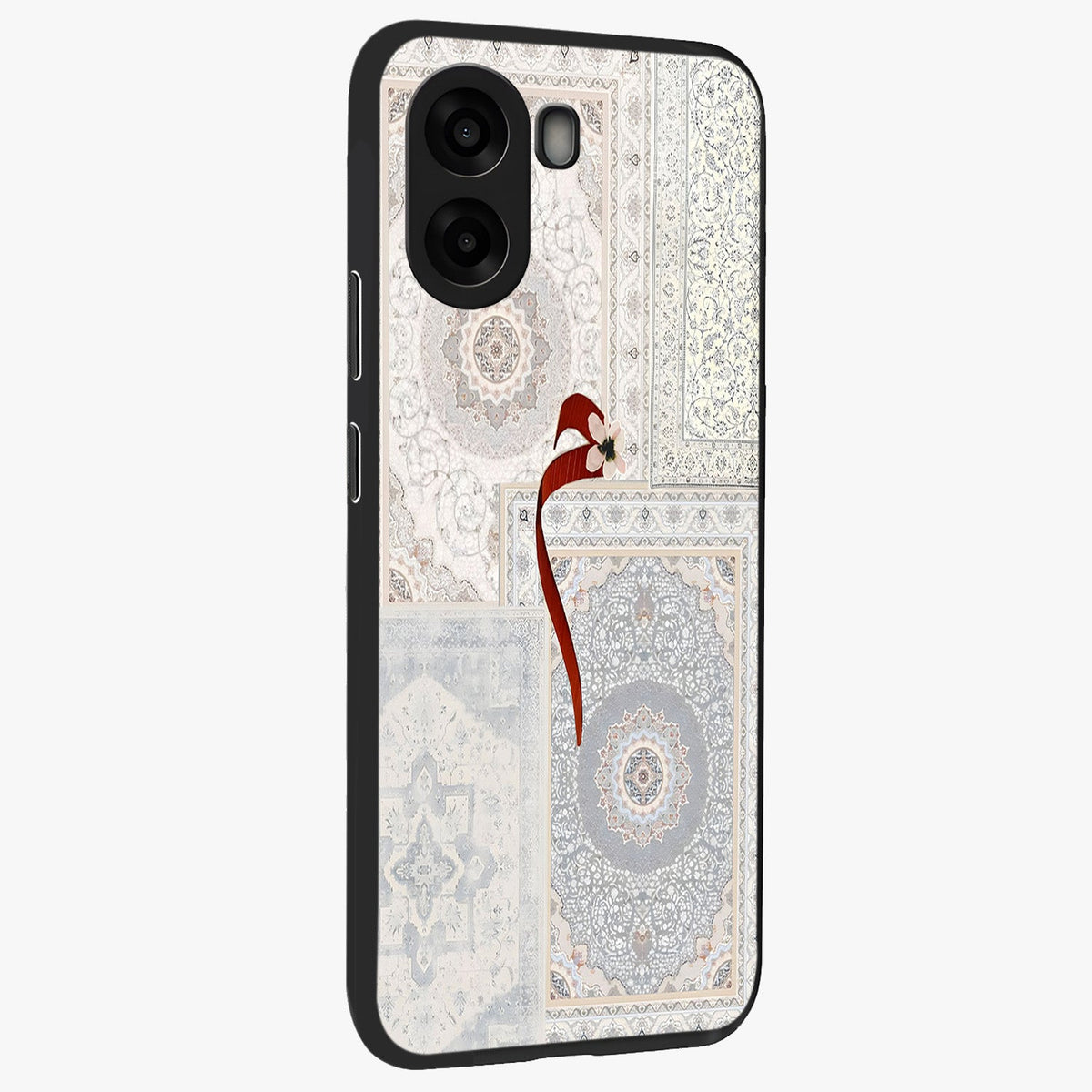 White Aesthetic Bow Glass Case upright view showcasing delicate ribbon bow artwork with cute minimalist theme.