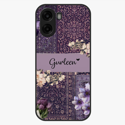 Antique Floral Whisper Custom Name Glass Case showing flat back view with vintage floral artwork and personalized name design.