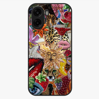 Beaded Fashion Jungle Glass Case showing flat back view with vibrant jungle inspired bead artwork and glossy glass finish.
