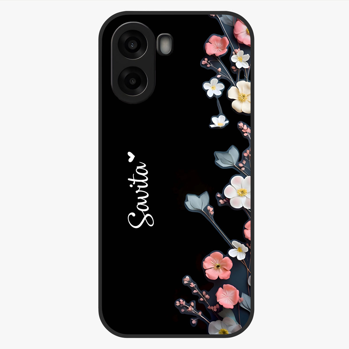 Black Elegance Floral Custom Name Glass Case showing flat back view with elegant floral artwork and personalized name design.