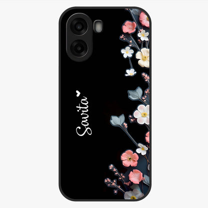 Black Elegance Floral Custom Name Glass Case showing flat back view with elegant floral artwork and personalized name design.