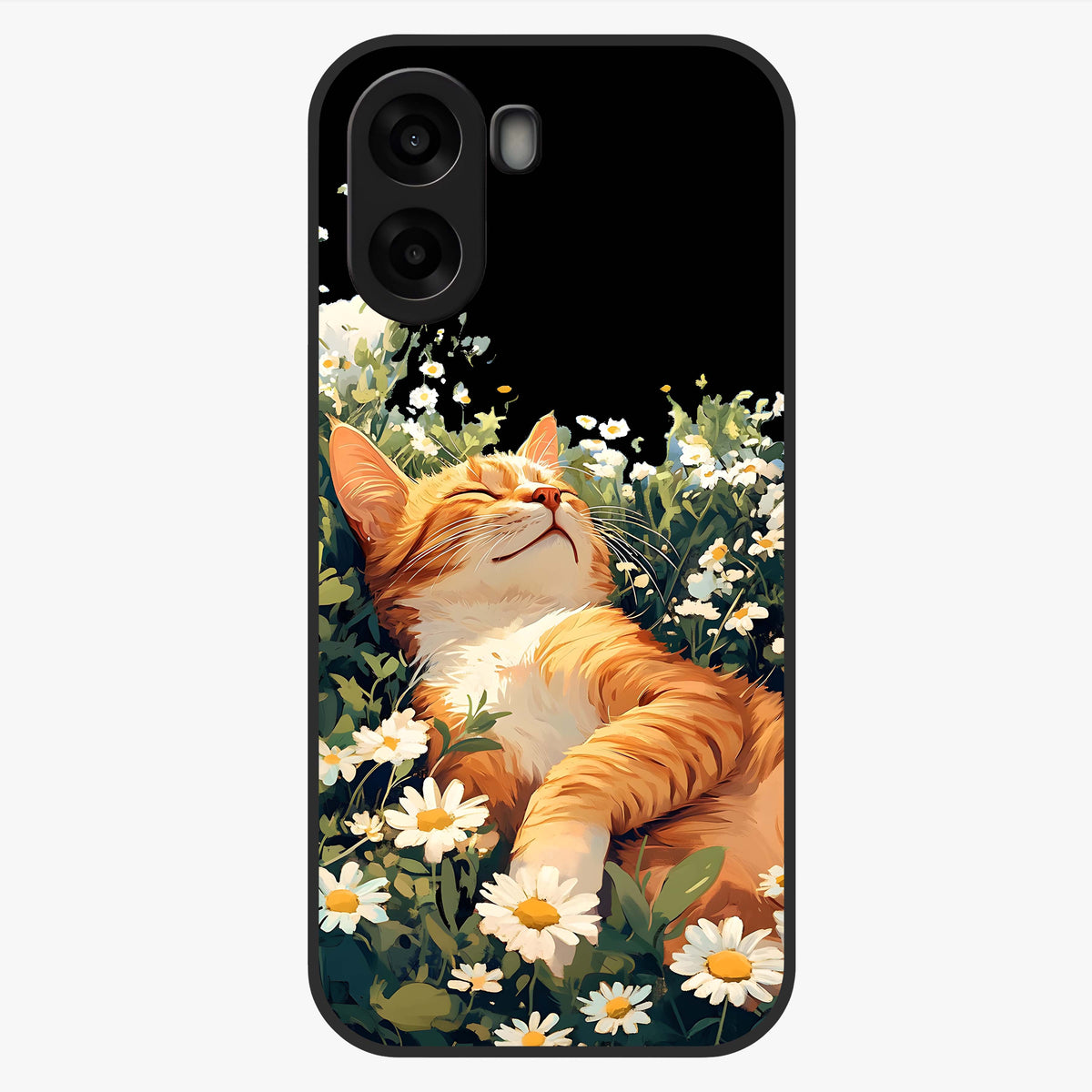Blissful Bloom Cat Glass Case showing flat back view with cute cat and floral bloom artwork and glossy glass finish.