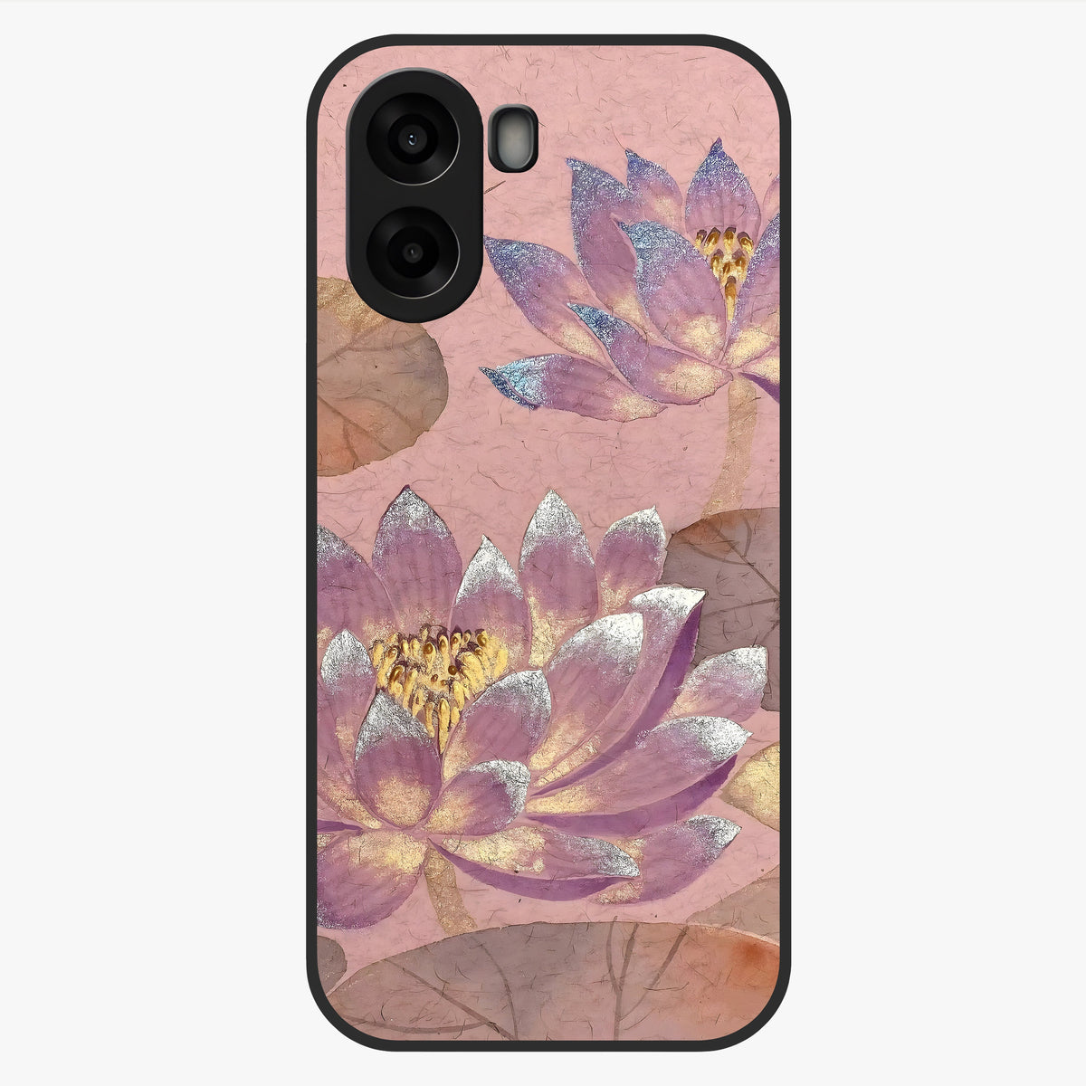 Blossom Mist Lotus Glass Case showing flat back view with serene lotus blossom artwork and glossy glass finish.