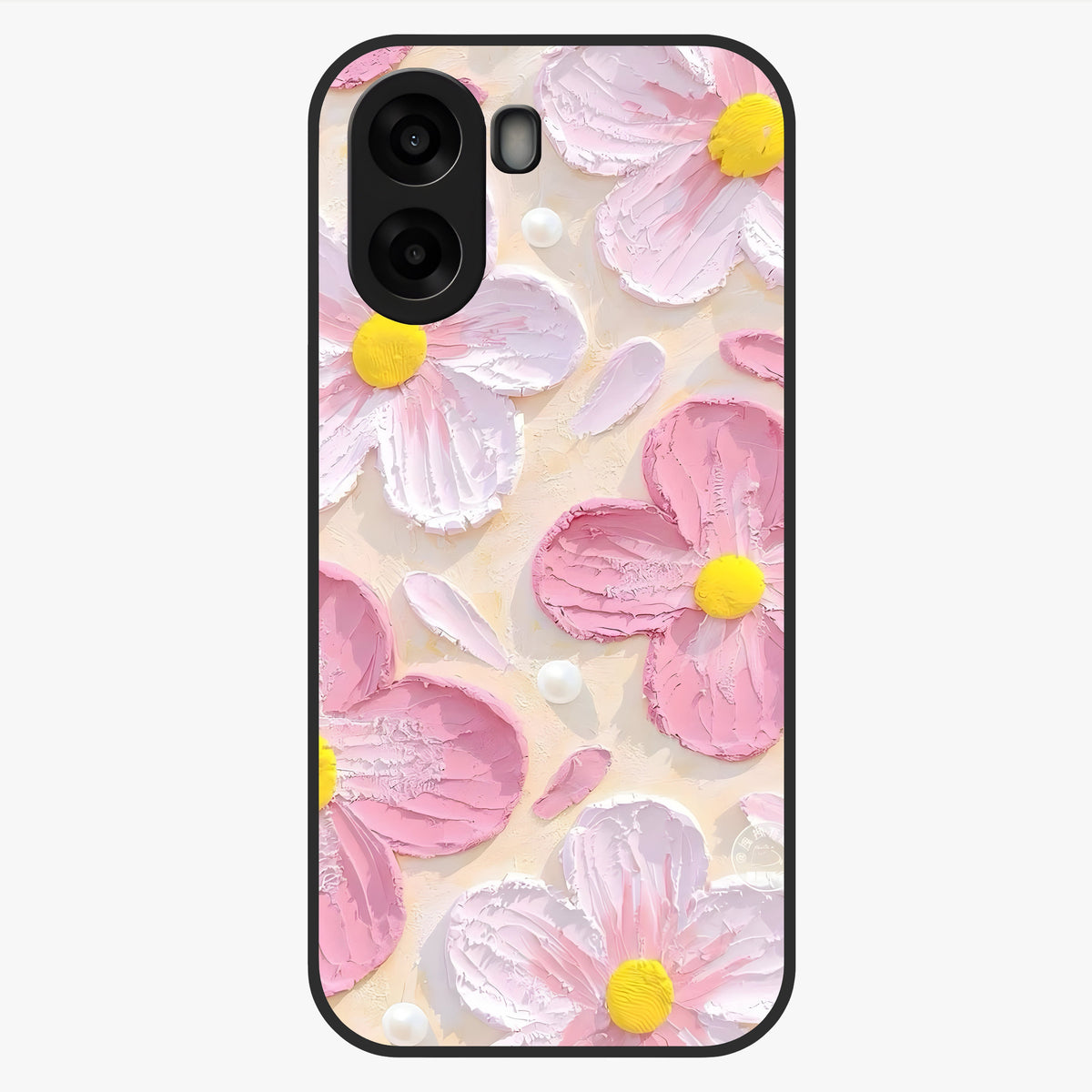 Blush Bloom Texture Glass Case showing flat back view with soft blush floral texture artwork and glossy glass finish.